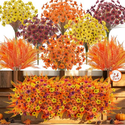 Fall Bright Orange Artificial Flowers - 24Pcs Fall Mums & Ferns for Outdoor Decor