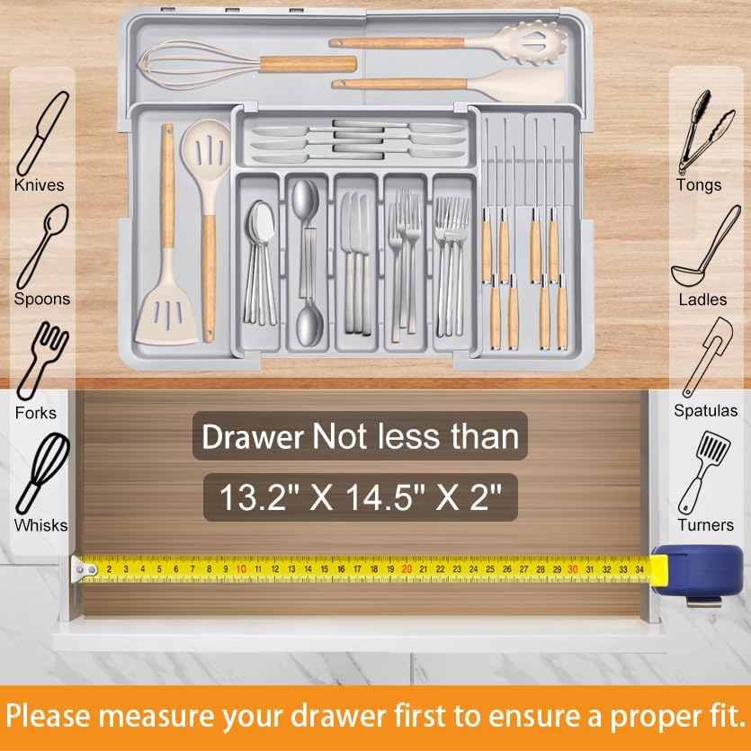 Silverware Drawer Organizer - Adjustable Utensil Holder with Knife Block | BPA-Free Expandable Storage (Grey)