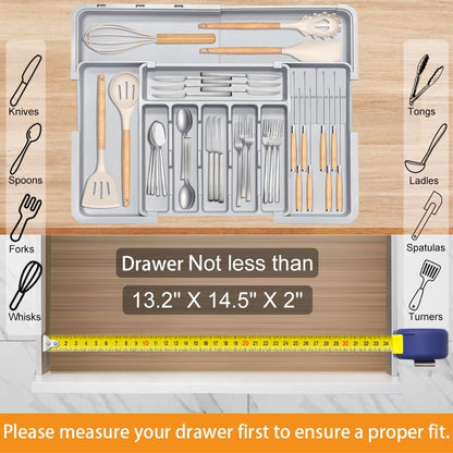 Silverware Drawer Organizer - Adjustable Utensil Holder with Knife Block | BPA-Free Expandable Storage (Grey)