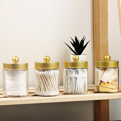 Amolliar Qtip Holder Dispenser - 8 Oz Plastic Apothecary Jar for Makeup & Bathroom Storage - Gold