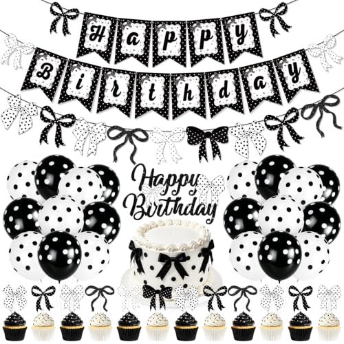 Black and White Birthday Banner and Balloon Set - Polka Dot Party Decorations