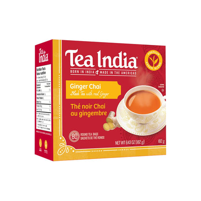 Tea India Ginger Chai Black Tea with Real Ginger Flavorful Blend Of Premium Black Tea, Ginger & Natural Ingredients Traditional Indian Caffeinated Tea 80 Round Teabags