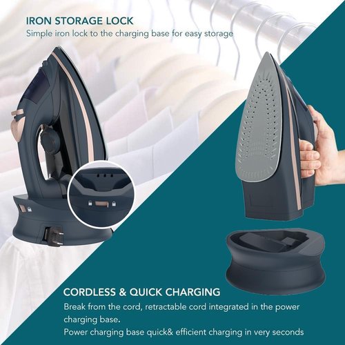 Martisan Cordless Iron for Clothes, 1500W, Wireless, Rapid Heating, Retractable Cord, Power Charging Base, Ceramic Soleplate, Anti-calc, Anti-drip, Self Clean