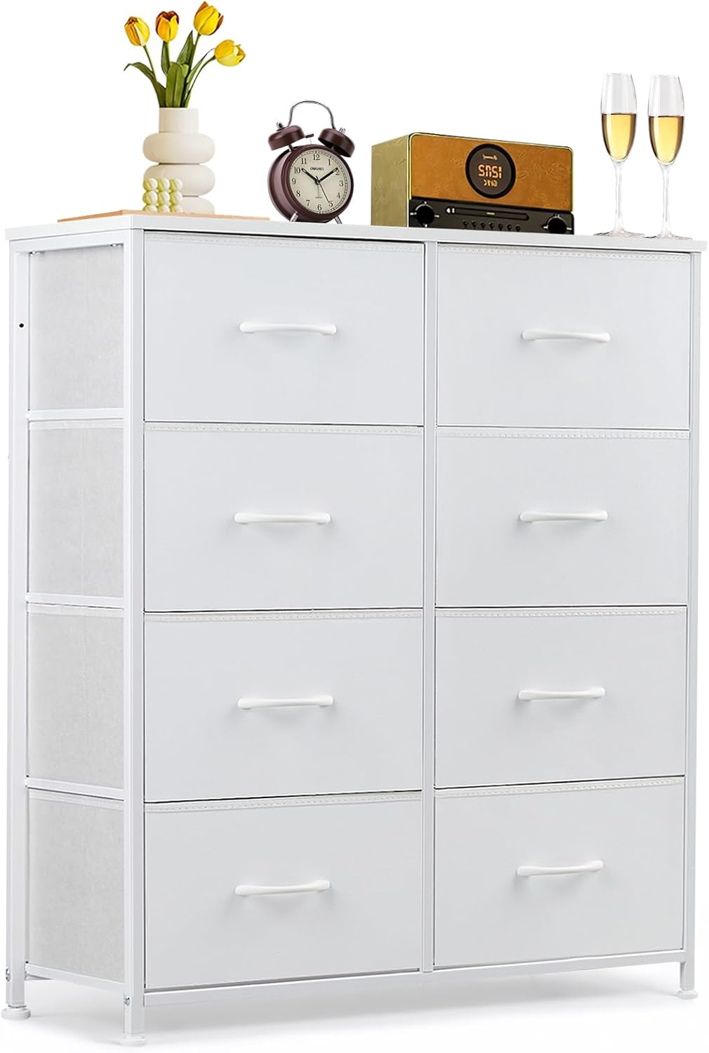 Regine Switzerland 8-Drawer Dresser - Anti-Tip Storage Organizer with Wooden Top & Metal Frame | White