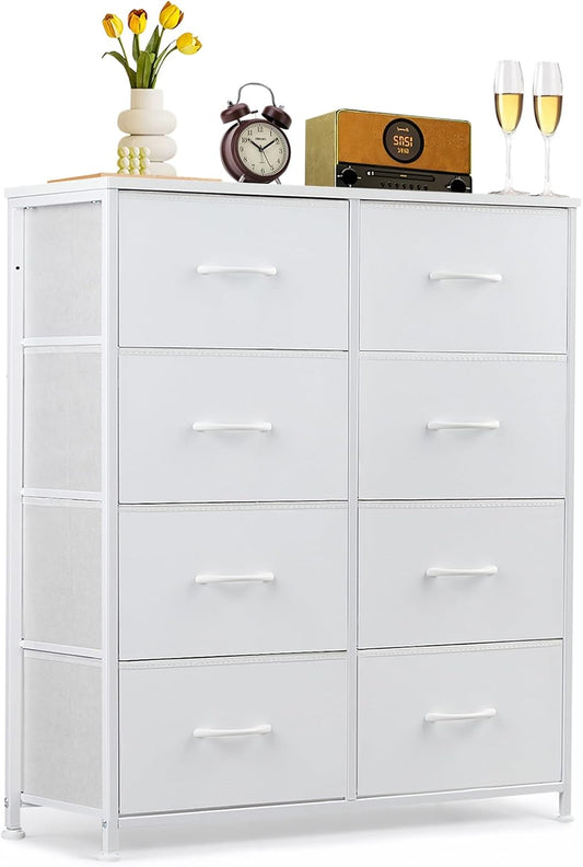 Regine Switzerland 8-Drawer Dresser - Anti-Tip Storage Organizer with Wooden Top & Metal Frame | White