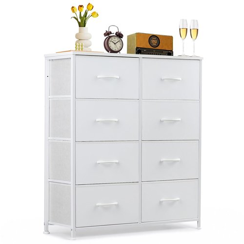 8-Drawer Dresser for Bedroom, Anti-Tip Tall Storage Organizer Chest of Drawers with Wooden Top and Metal Frame Fabric Bins for Closet, Living Room, Hallway, Entryway, White