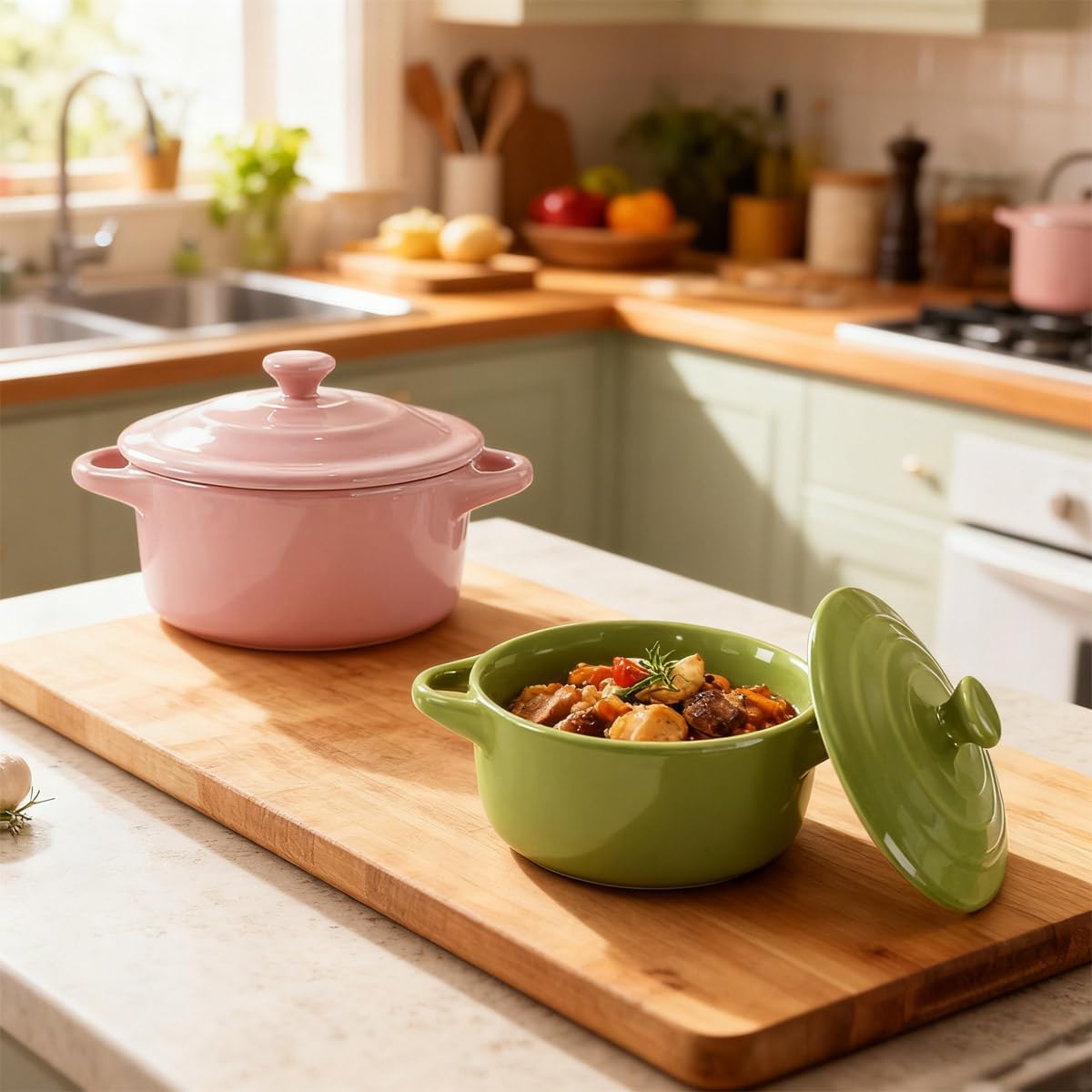 Skiennix 6 Pack Mini Cocotte - 8 OZ Ceramic Ramekins with Lids & Handles | Oven Safe Casserole Dishes in 6 Colors