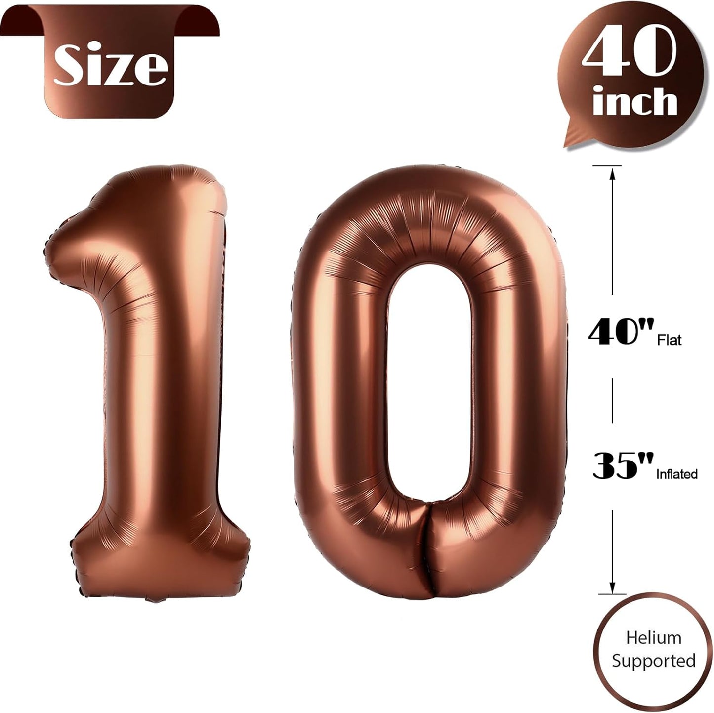 Skiennix Dark Brown Number 10 Balloon - 40 Inch 10th Birthday Decorations for Boys & Girls