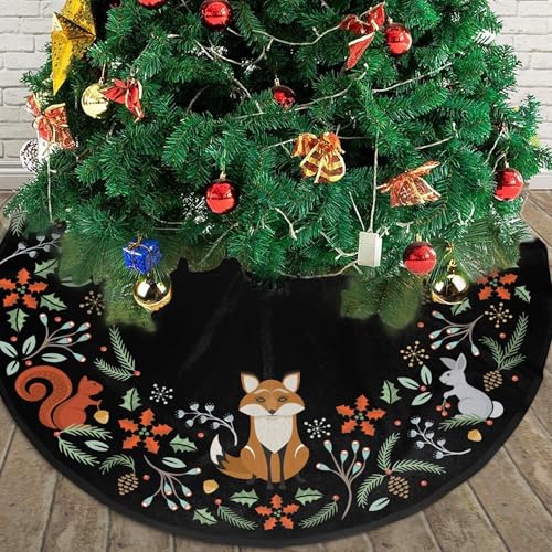 36 Inch Black Woodland Animals Christmas Tree Skirt - Reusable Holiday Decor