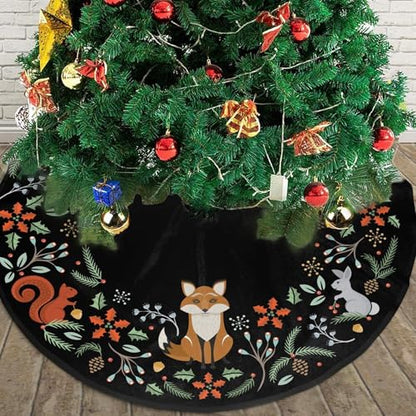 36 Inch Black Woodland Animals Christmas Tree Skirt - Reusable Holiday Decor