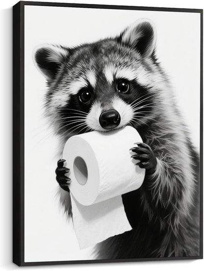 Pinetree Art Cute Raccoon Wall Decor - Framed Black and White Bathroom Art for Guest Restrooms