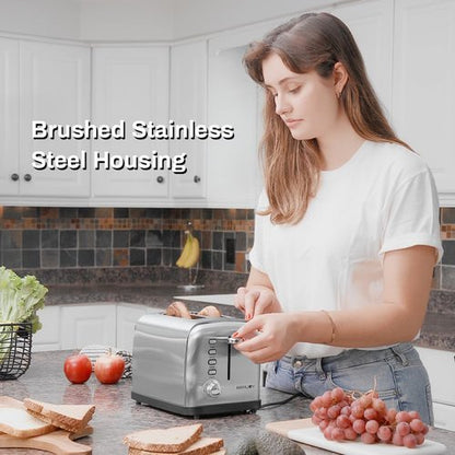 Brushed Stainless Steel 2-Slice Toaster - Extra Wide Slots for Bagels & Waffles | 7 Shade Settings