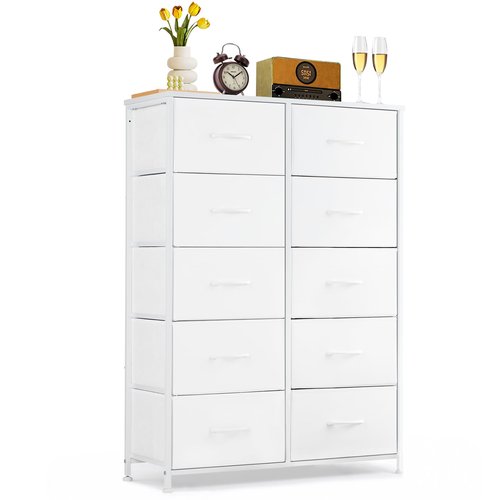 10-Drawer Dresser for Bedroom, Anti-Tip Tall Storage Organizer Chest of Drawers with Wooden Top and Metal Frame Fabric Bins for Closet, Living Room, Hallway, Entryway, White
