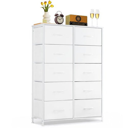 10-Drawer Dresser for Bedroom, Anti-Tip Tall Storage Organizer Chest of Drawers with Wooden Top and Metal Frame Fabric Bins for Closet, Living Room, Hallway, Entryway, White