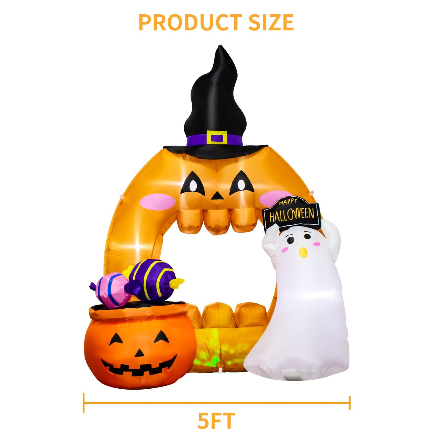 5 Feet Halloween Inflatable Pumpkin Outdoor Decoration with LED Lights, Blow up Halloween Ghost Hollowed Out Archway Pumpkin Inflatable Decor for Indoor Outdoor Yard Halloween Party Photo Spot