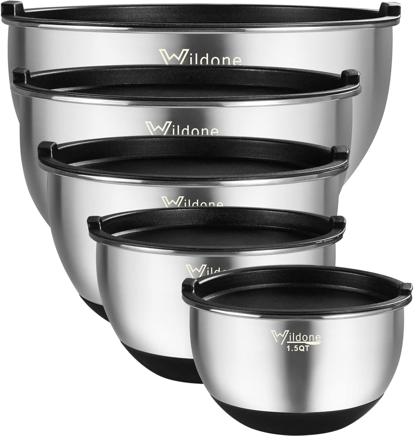 Wildone Mixing Bowls Set - Stainless Steel Nesting Bowls with Airtight Lids & Non-Slip Bottoms | 5 Sizes (1.5 to 8 QT)