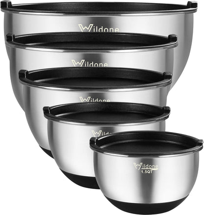 Wildone Mixing Bowls Set - Stainless Steel Nesting Bowls with Airtight Lids & Non-Slip Bottoms | 5 Sizes (1.5 to 8 QT)