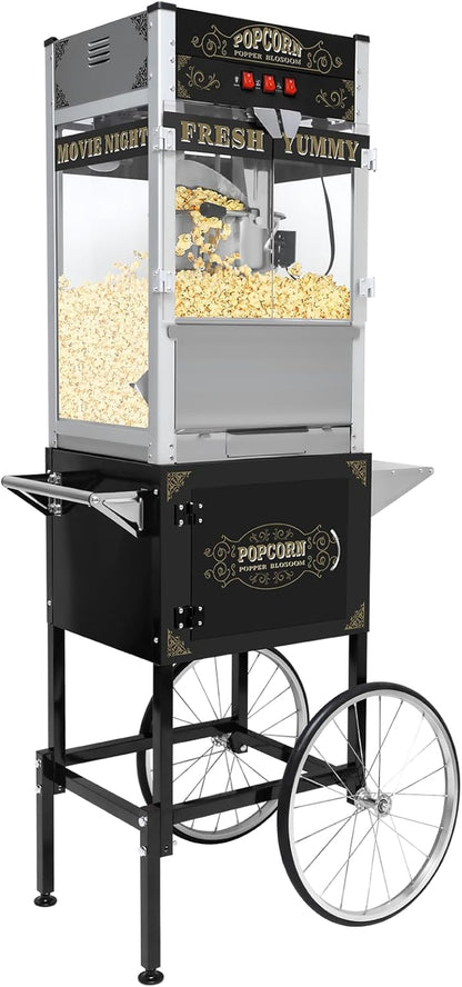 Skiennix 20 Oz Popcorn Machine Cart - Sleek Black Popcorn Maker with Storage Stand & Wheels