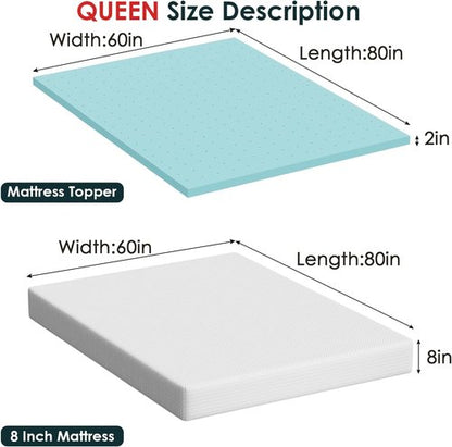 FDW 8" Queen Mattress - 2" Cooling Gel Memory Foam Topper | Medium Firm | White | Washable Cover for Cool Sleep & Pressure Relief | Bed in a Box, CertiPUR-US Certified