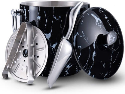 Ice Bucket with Lid, Scoop, Tongs and Strainer - Well Made Insulated Stainless Steel Keep Ice Frozen Longer - Ideal for Cocktail Bar, Parties, Chilling Wine, Champagne - 3 Liter (Black Marble)