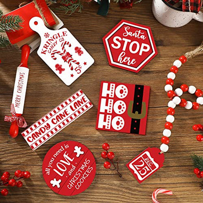 Christmas Tiered Tray Decor Set - Wooden Holiday Tabletop Signs, 7 Pieces