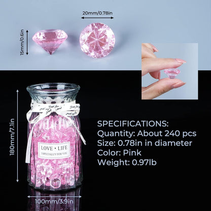 Babenest Acrylic Diamond Fake Gems - 240pcs 3/4 Inch Pink Faux Crystals for Weddings & Events