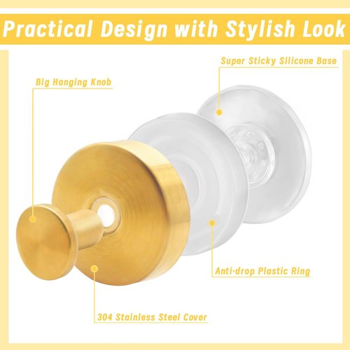 Benvo Suction Cup Hooks - No Drill Stainless Steel Hanging Hooks for Bathroom & Kitchen | 2 Pack, Gold