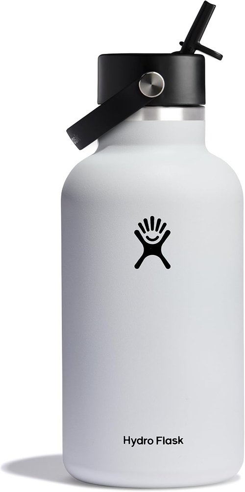 Hydro Flask Water Bottle - Insulated Stainless Steel with Wide Mouth Flex Straw Lid | 64 Oz White, Leakproof & Refillable