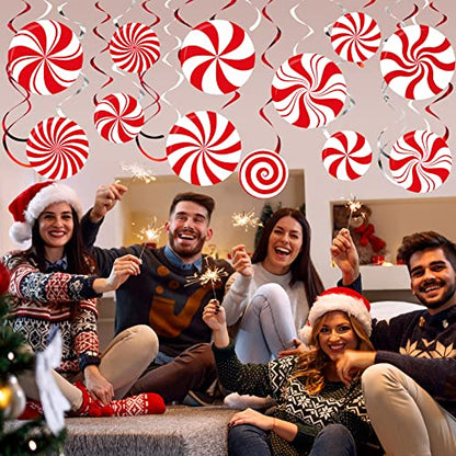 Christmas Peppermint Candy Hanging Decorations - Red & White Streamers, 54 Pcs Holiday Party Decor