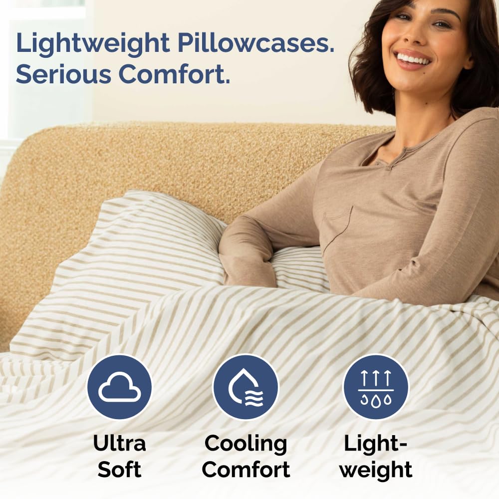 Standard Pillow Cases Set of 4 - Soft Hotel Quality Pillowcase Covers - Comfy, Cozy Bedding for Women, Men, Kids & Teens - Machine Washable Pillow Protectors - 4 Piece - Standard Size Beige Stripes