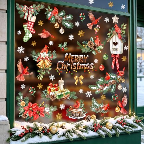 Tanlaby Christmas Window Clings Pine Tree Bird Holiday Decor - Variation: Pine Tree Cardinal Birds