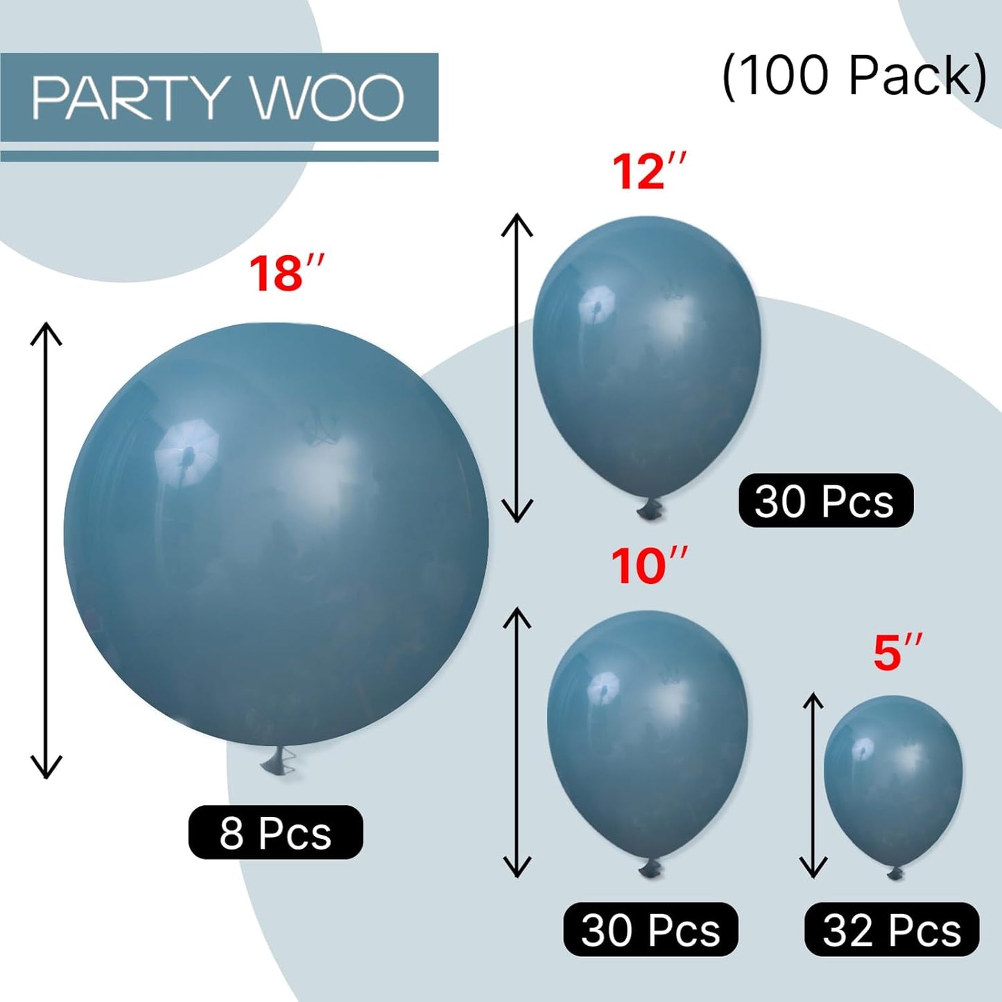 PartyWoo Slate Blue Balloons - 100-Piece Pack | 18, 12, 10, 5 Inch Sizes for Baby Shower & Birthday Decorations