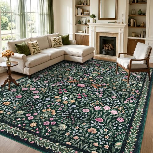 Dark Green 8x10 Boho Floral Washable Rug - Farmhouse & Vintage Style