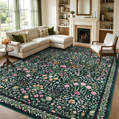 Dark Green 8x10 Boho Floral Washable Rug - Farmhouse & Vintage Style