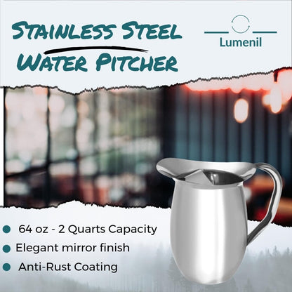 Set of 2-96oz, Smooth Silver Stainless Steel Water Pitcher With Ice Guard, stainless steel pitcher for restaurants.