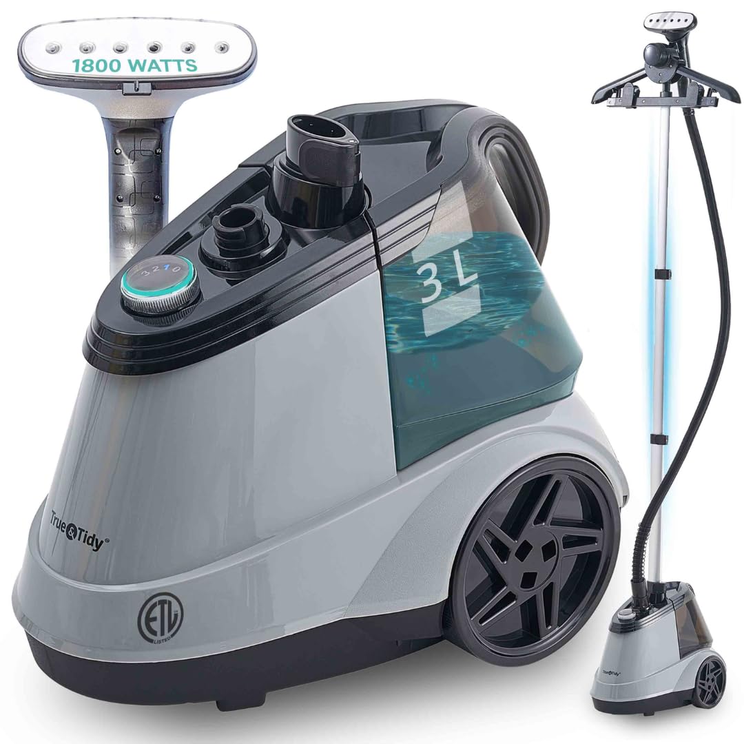 True & Tidy Heavy Duty Commercial Full Size Standing Garment Steamer for Clothes with Extra Large 3L (101 oz) Water Tank for 90+ mins of Steam Time, 1800 watts of Powerful Steam, 3 Settings, Gray