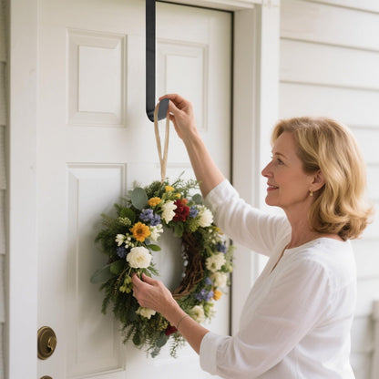 Sattiyrch 15" Wreath Hanger - Sturdy Steel Over The Door Hook for Front Door (White, 2-Pack)
