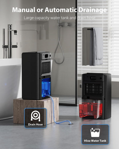 UBBO 95oz Dehumidifiers for Home, 1000 Sq.Ft Dehumidifier with Drain Hose - Auto Shut Off, Timer, Sleep Mode & Drain Hose - 7 Color Light for Bedroom, Bathroom, RV - Black