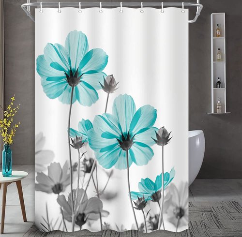 MERCHR Unique Floral Shower Curtain for Bathroom Decor, Teal and Gray Daisy Flower Elegant Wildflower Design Farmhouse Camper RV Shower Curtains with Hooks Set, 47 X 64 Inches