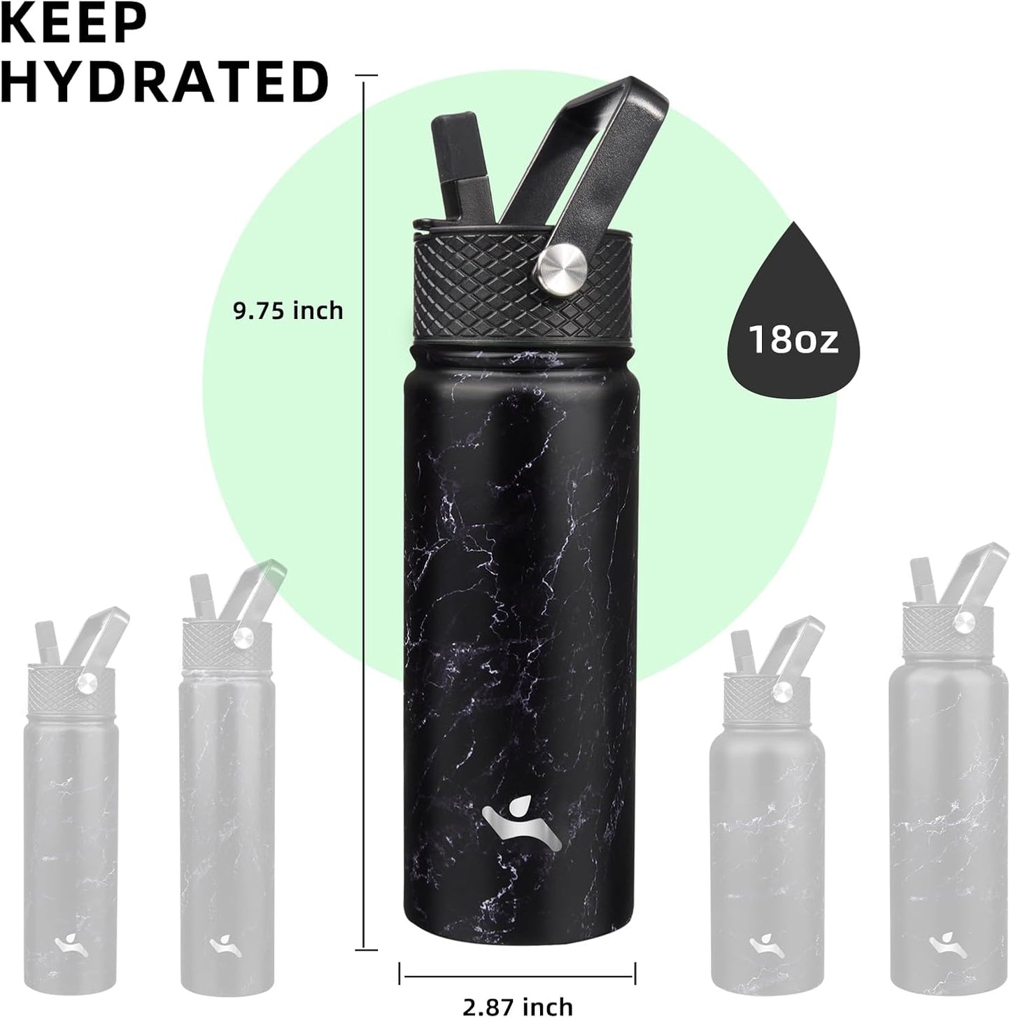 Skiennix 18 oz Insulated Water Bottle - Stainless Steel Sport Bottle with 3 Lids | Marble Midnight