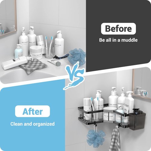 AKTECKE Corner Shower Caddy - 2 Pack Adhesive Organizer Shelves | No-Drill Stainless Steel Storage Rack for 90° Corners