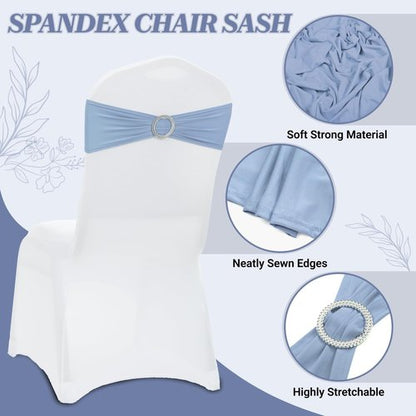MDS Premium Spandex Chair Sashes - Universal Fit Stretch Covers with Buckle Slider | Pack of 10 - Baby Blue
