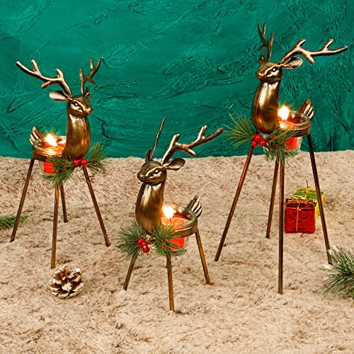 Reindeer Candle Holders Set of 3 - Christmas Tabletop Decor with Glass Votive Cups