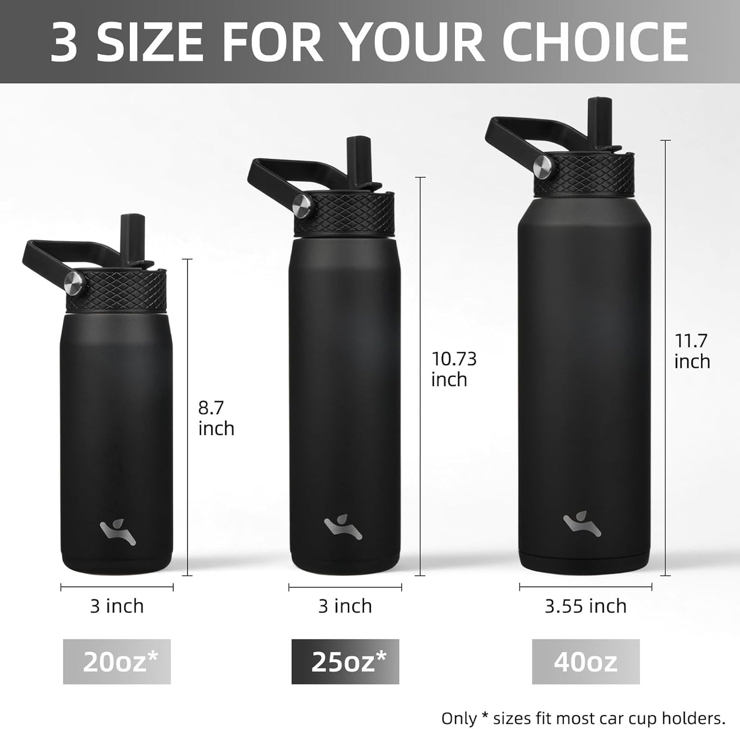 Skiennix 25oz Insulated Stainless Steel Water Bottle - Leakproof BPA-Free with 3 Lids | Black