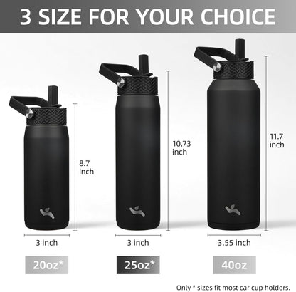 Skiennix 25oz Insulated Stainless Steel Water Bottle - Leakproof BPA-Free with 3 Lids | Black