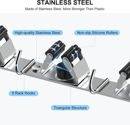Nacena Broom Holder Wall Mount - Heavy Duty Stainless Steel Mop Hanger with 4 Racks & 5 Hooks | Silver