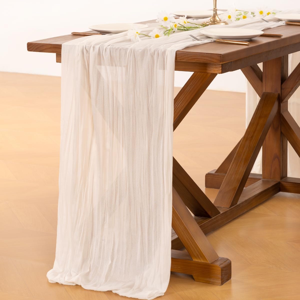 Socomi Ivory White Cheesecloth Table Runner - 120 Inch Rustic Boho Decor for Weddings & Events