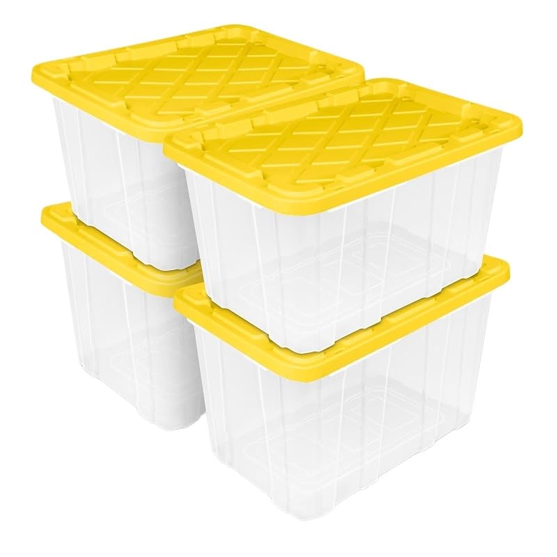 27-Gallon Industrial Storage Tote Set with Yellow Snap-Lid, 4 Pack