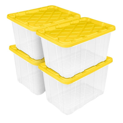 27-Gallon Industrial Storage Tote Set with Yellow Snap-Lid, 4 Pack