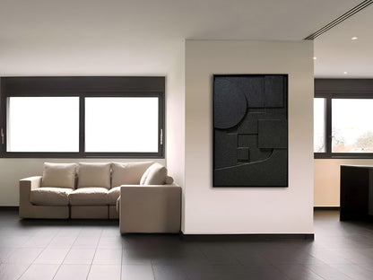 Slyart Black Textured Wall Art - Handmade 3D Abstract Relief Painting | Framed Vertical Art 24x36 Inch